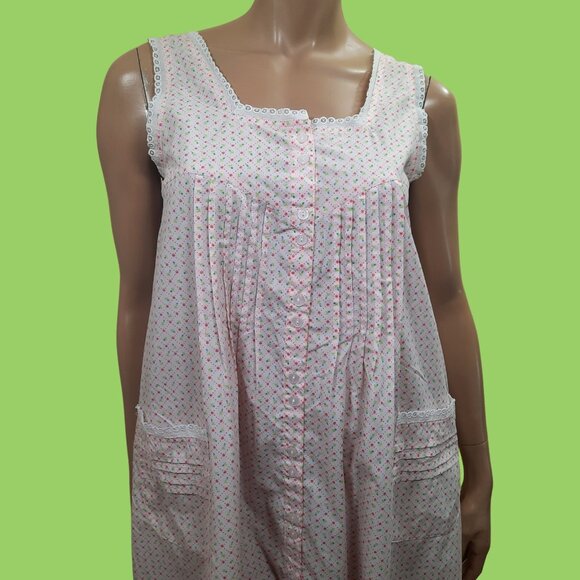 Vintage Pink Floral Cotton Nightgown Long Sleeveless Ruffled Pockets Cottagecore - Picture 3 of 9